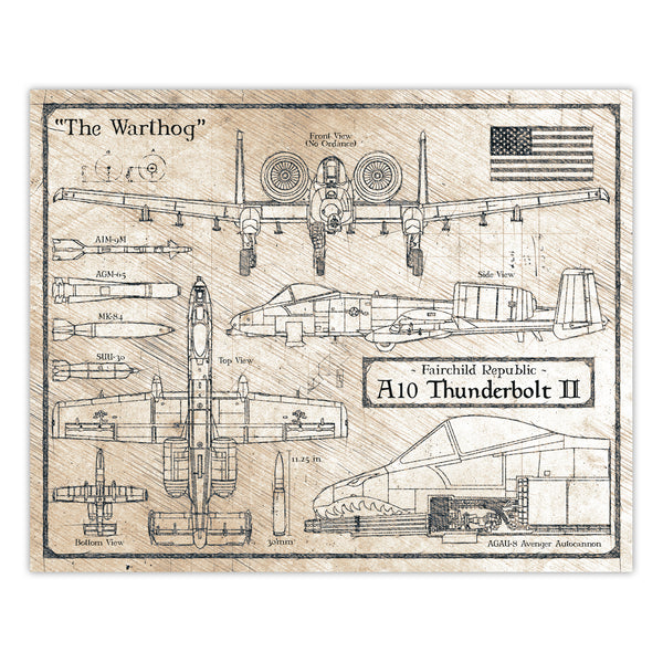 Da Vinci Style Illustration - A-10 Thunderbolt II "Warthog" Schematic Print - 8x10